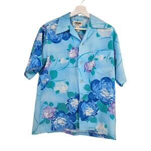 VTG Mako 70s Mens Button Down Shirt Top Blue Floral Hawaiian Short Sleeve Size M